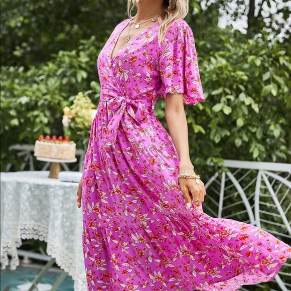 Boho floral print ruffle hem v neck belted dress - Picture 5 of 8